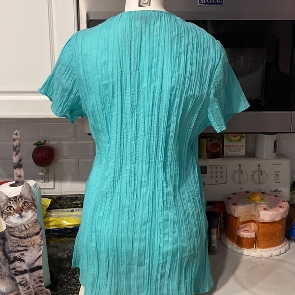 L womens Mystique Aura casual turquoise short sleeve stretch plus size top 1X - Picture 3 of 4